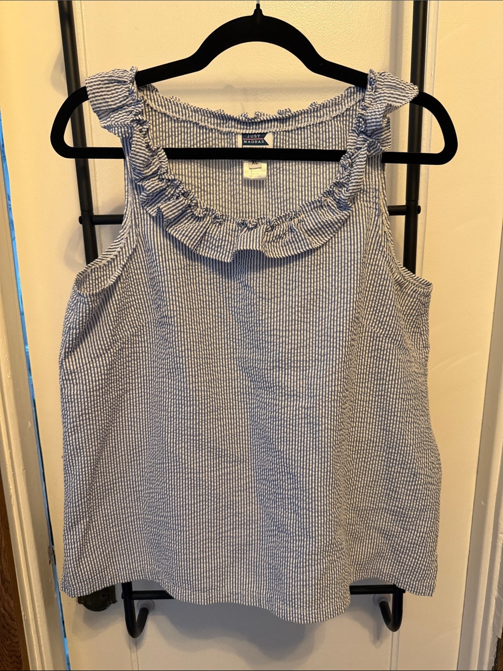 Just Madras Blue and White Seersucker Ruffle Tank